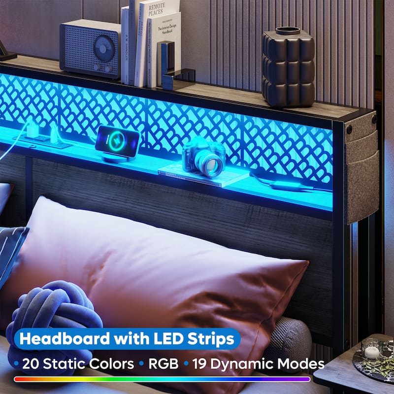 Platform Bed with LED Upholstered Storage Headboard Charge Station Foldable Bedside Shelf