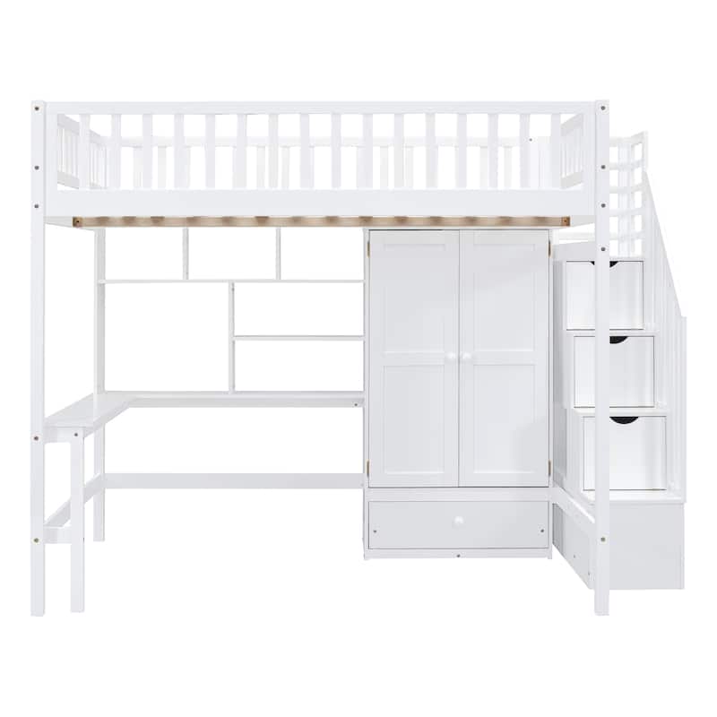 Full Size Loft Bed with Bookshelf, Drawers, Desk, and Wardrobe in White