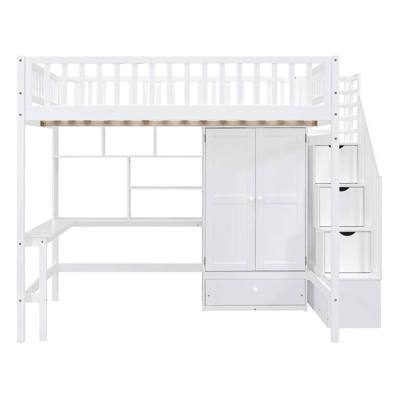 Loft Bed with Bookshelf, Drawers, Desk and Wardrobe