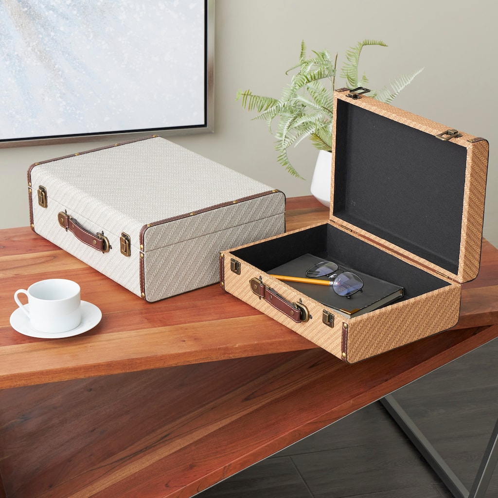 Multi Colored Wooden Vintage Studded Woven Storage Decorative Trunk with Bronze Latches and Brown Handles (Set of 2)