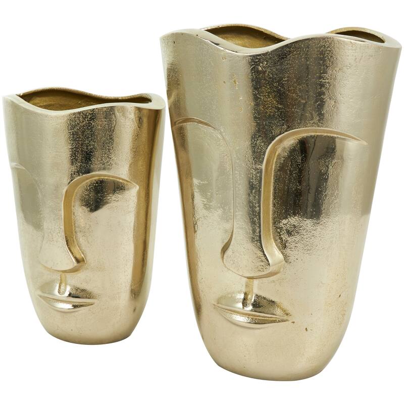 Gold Aluminum Metal Face Decorative Vase with Abstract Details (Set of 2)