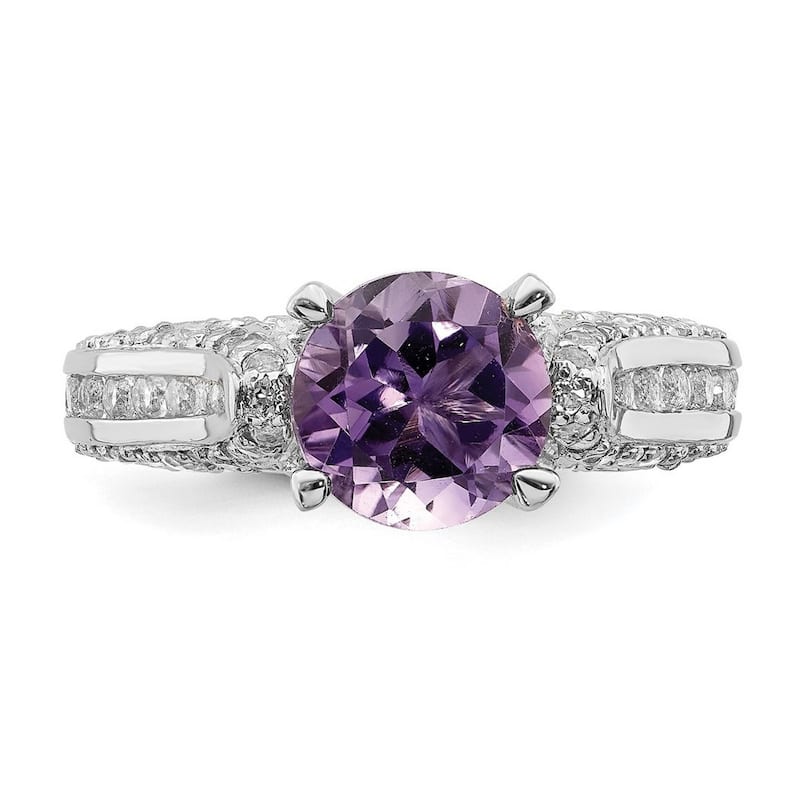 Curata 925 Sterling Silver Rhodium Plated 8mm Amethyst and White Topaz Ring