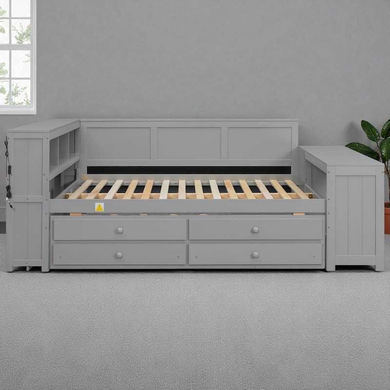 Full Size Daybed with Storage Shelves, Drawers, Trundle, Desk, Cabinet, LED Light and Charging Station, Pine Wood Frame