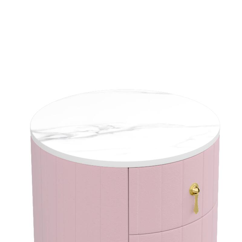 Upholstered 3-Drawer Nightstand - Round Marbling Top Bedside Table (Fully Assembled Except Handles, Pink)