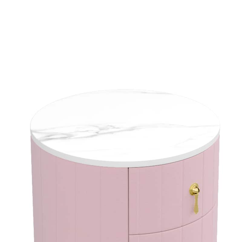 Velvet Nightstand with Storage, Round /Square Bedside Table with 3 Drawers, Metal Handles,Marbling Stickers Top
