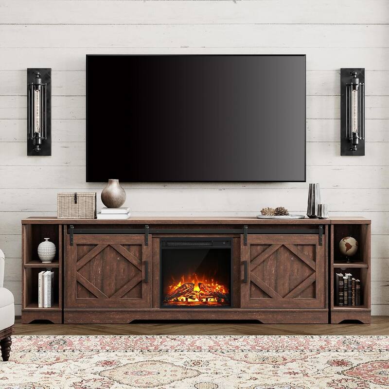 Fireplace TV Stand Farmhouse Sliding Barn Door Entertainment Center - 85.7" - Brown