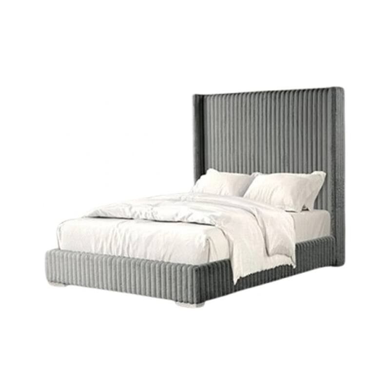 Wolo Twin Bed, Gray Fur Chenille Ribbed Upholstery, Wing Headboard