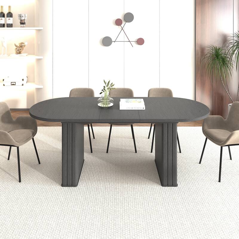 Kitchen extendable dining table for 4-8 people, oval kitchen table with wooden strip base for family living room (black)