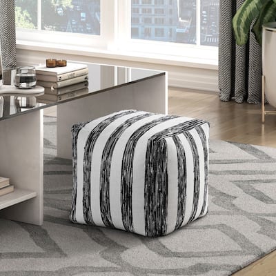 Modern Pouf Black and White Striped Fabric Upholstered Ottoman, Non-Slip Floor Pouf, Bean Bag Chair, 1pc Sitting Pouf