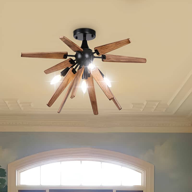 4-Light Wood Sputnik Lamp Retro Natural Wood Finish Flush Mount