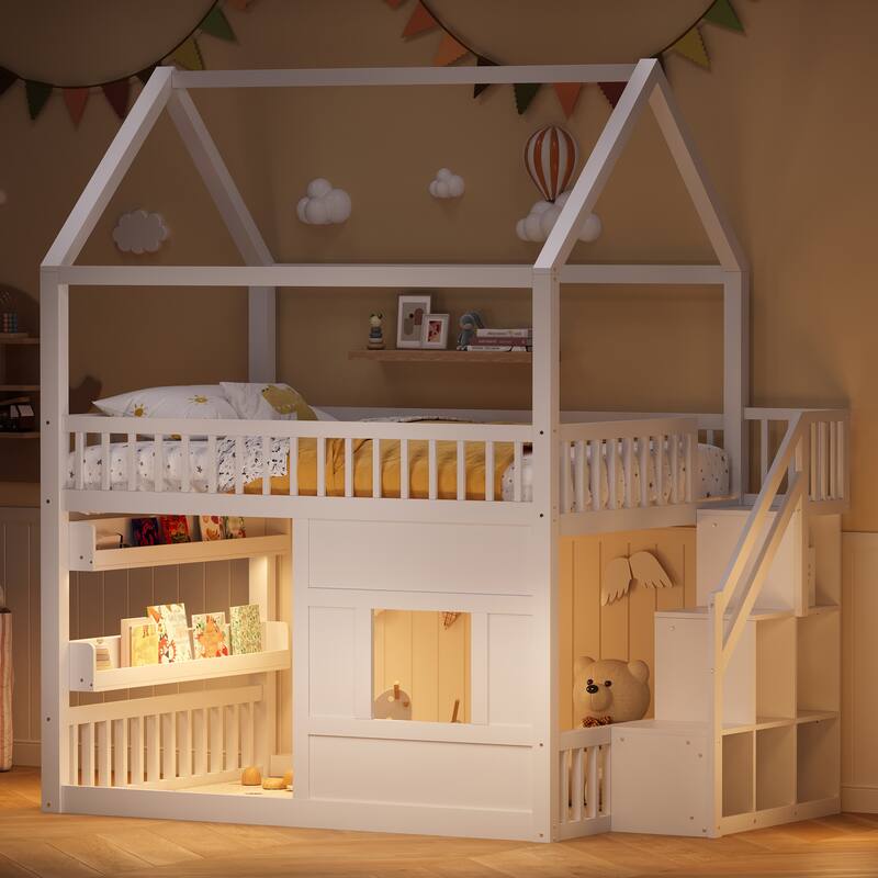 Roomfitters Full Size Wood House Loft Bed with Storage Stairs and Built-in Shelving, Modern Space-Saving Sleep Space