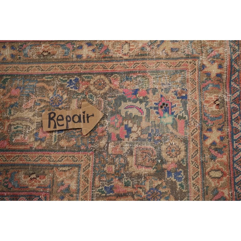 Distressed Mashad Vintage Persian Rug Handmade Wool Carpet - 9'6" x 12'11"