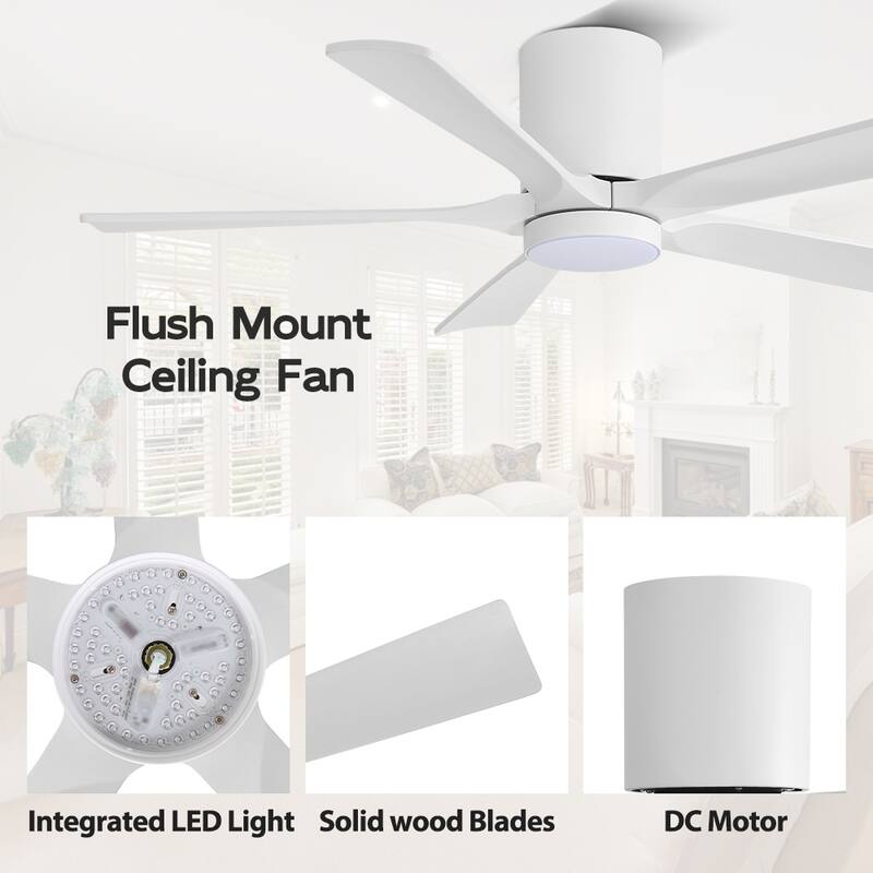 WINGBO 52" Solid Wood DC Motor Integrated LED Hugger Ceiling Fan with Remote