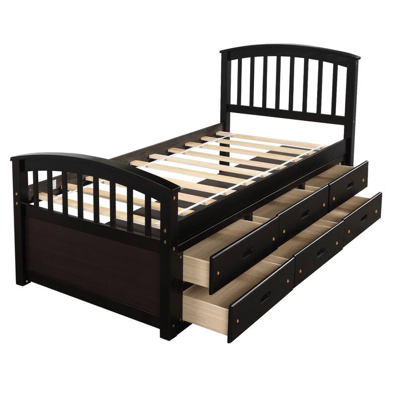Twin Size Platform Storage Bed with 6 Drawers, Solid Wood Frame
