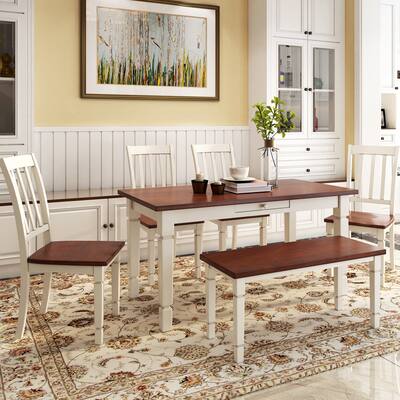 6-Piece Wooden Dining Table Set,Rectangular Table with 4 Chairs and 1 Bench
