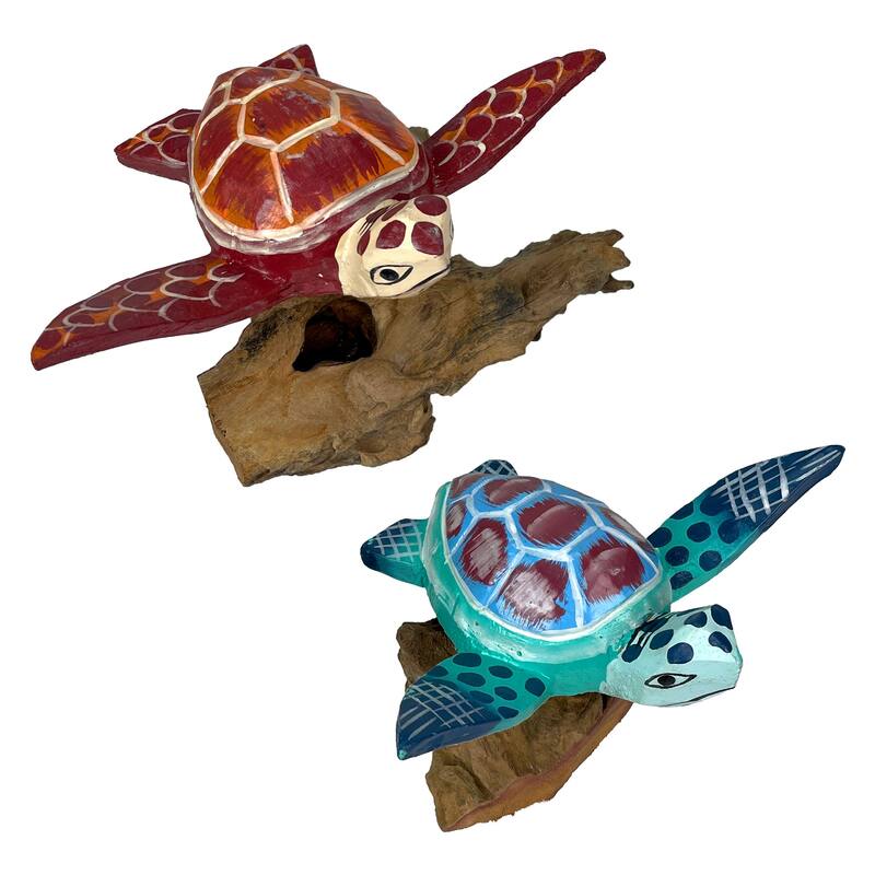Handcrafted Sea Turtle Sculptures Set Of 2, Coastal Wood Art, Ocean - 4 X 7 X 5 inches