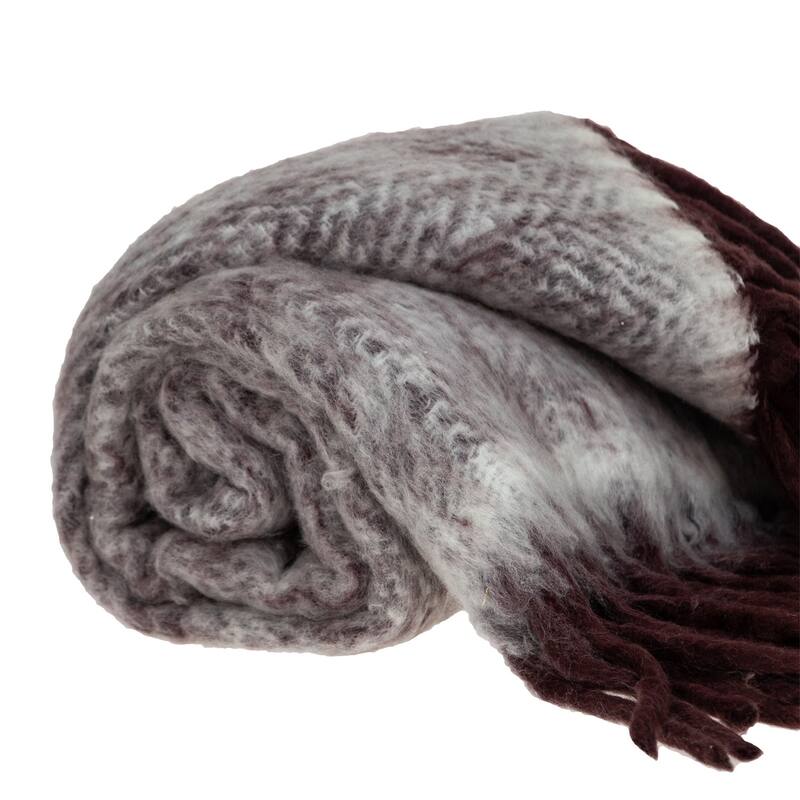 HomeRoots 52" X 67" Dark Purple Woven Wool Blend Chevron Throw Blanket with Fringe