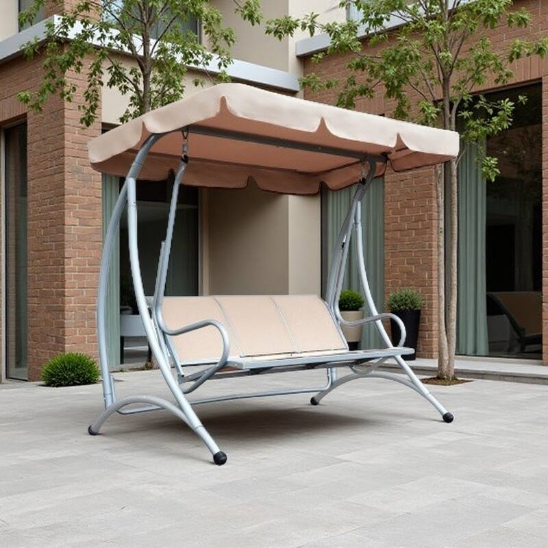 3-Seater Outdoor Porch Swing with Adjustable Canopy, Breathable Sling Seat, and Durable Steel Frame for Garden, Patio - Beige