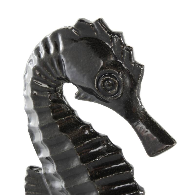 Black Aluminum Metal Sea Horse Decorative Sculpture with Square Bases (Set of 2)