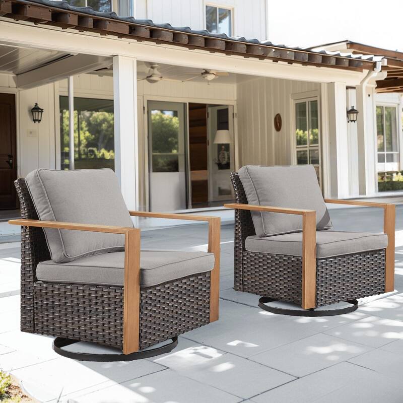 Outdoor Swivel Chair with Thick Cushion - Brwon Wicker Grey Cushion - 2PCS Swivel Chairs