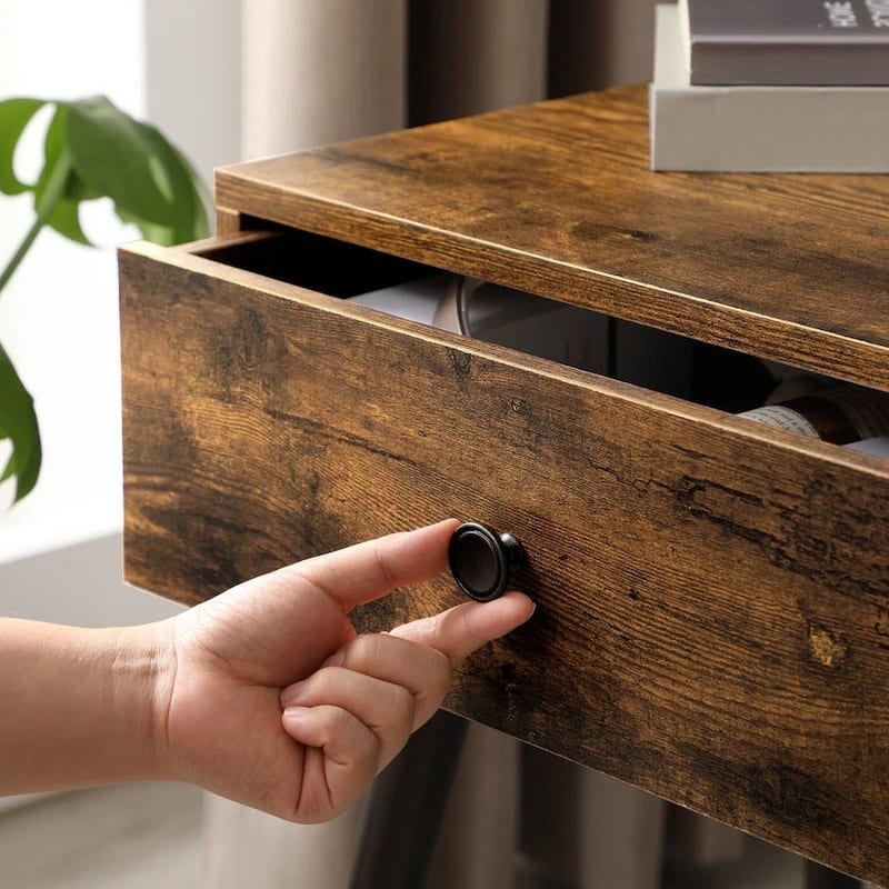 Mid Century Modern Farmhouse Nightstand with Single Drawer Black Tapered Legs and Wood Grain Finish