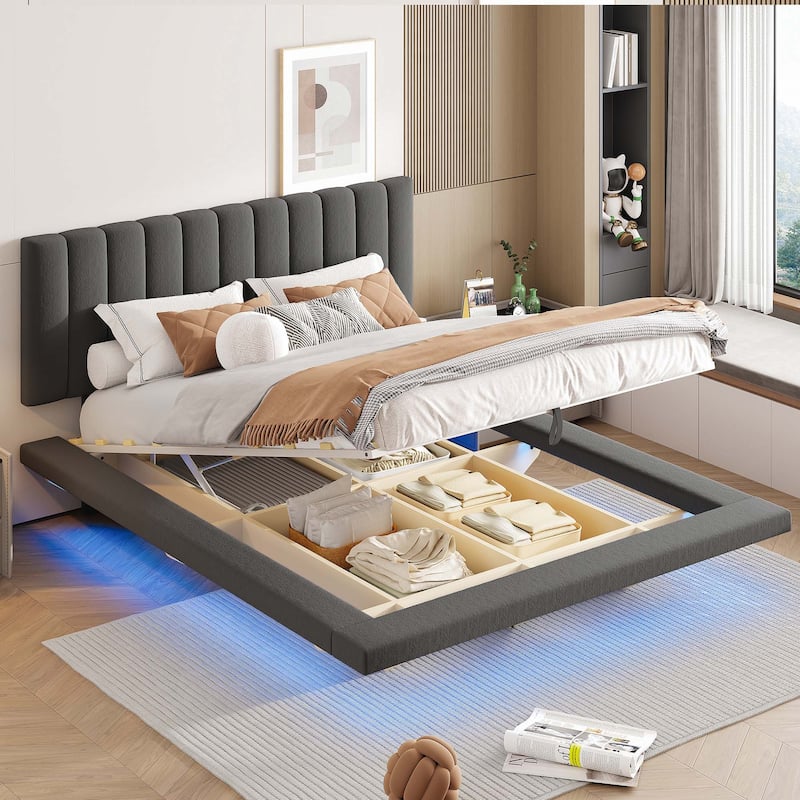 Queen Size Upholstered Floating Bed with LED Light and USB Port