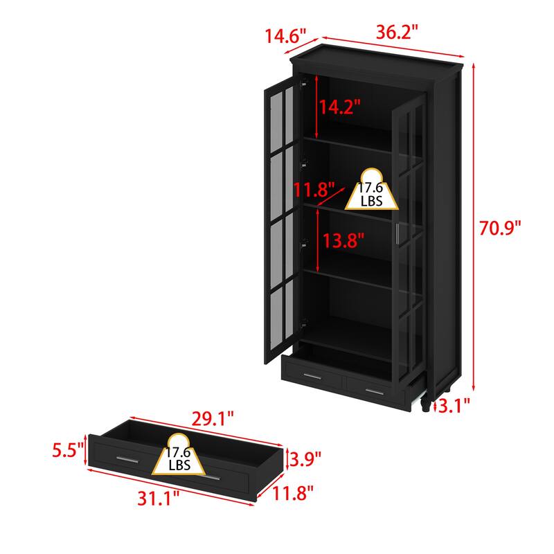 White Bookcase with Glass Doors Display Cabinet Bookshelf Organizer - 70.9"Hx36.2"W