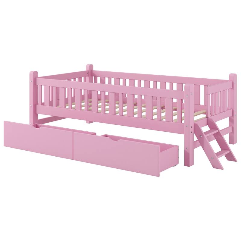 Low Twin Platform with 2 Drawers & Guardrails for Kids Room
