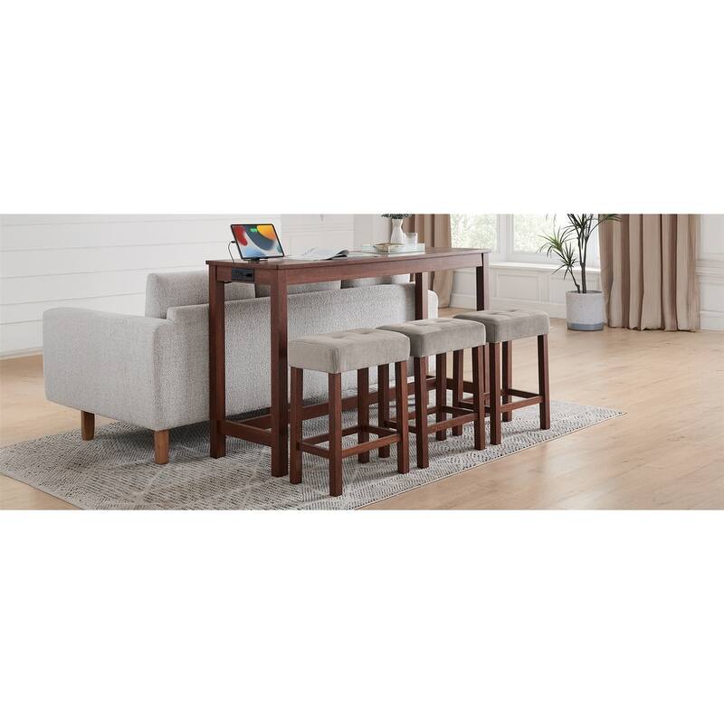 59" Counter Height Bar Table Set with Power Outlet, Industrial Breakfast Table with 3 Stools, 4 Piece Bar Table and Chairs Set