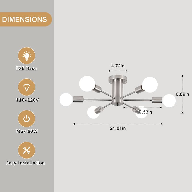 6-Light Modern Industrial Sputnik Semi-Flush Mount Ceiling Light - N/A