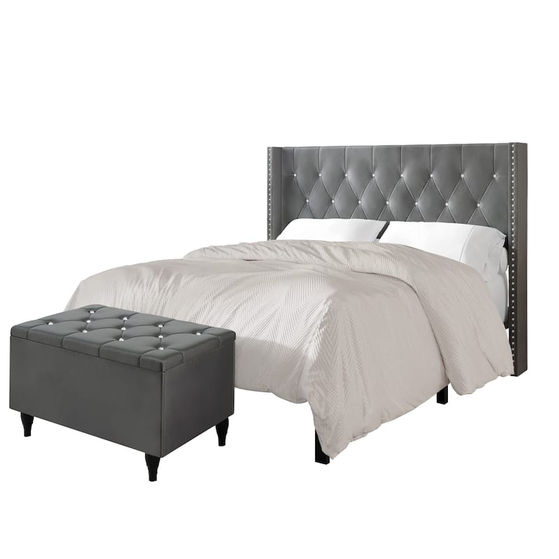 CraftPorch 2 Piece Bedroom Bench Set Velvet Wingback Upholstered Bed