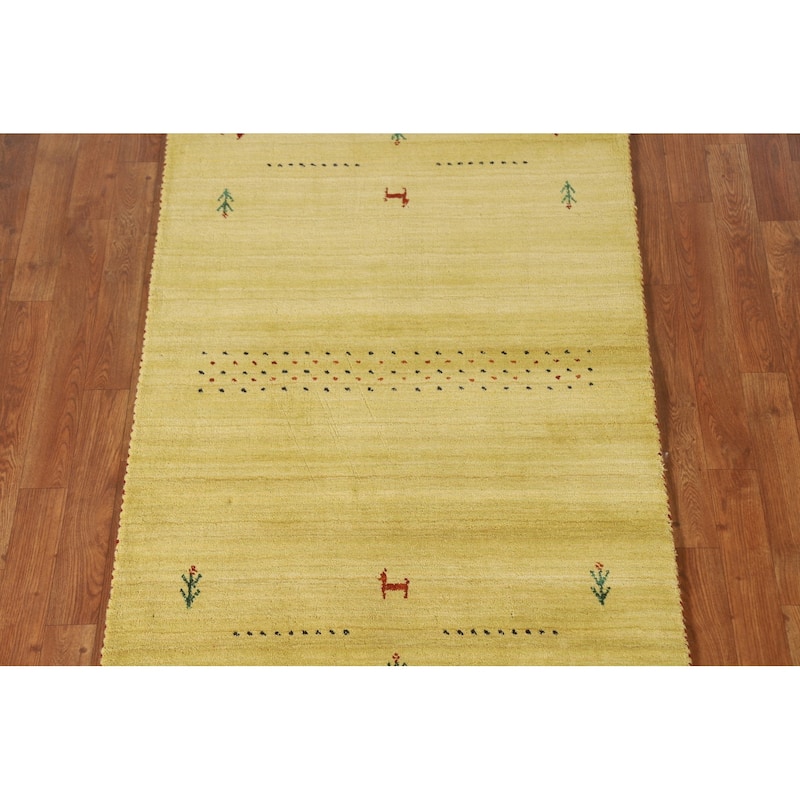 Tribal Gabbeh Area Rug Hand-knotted Green Wool Carpet - 3'2"x 4'11"