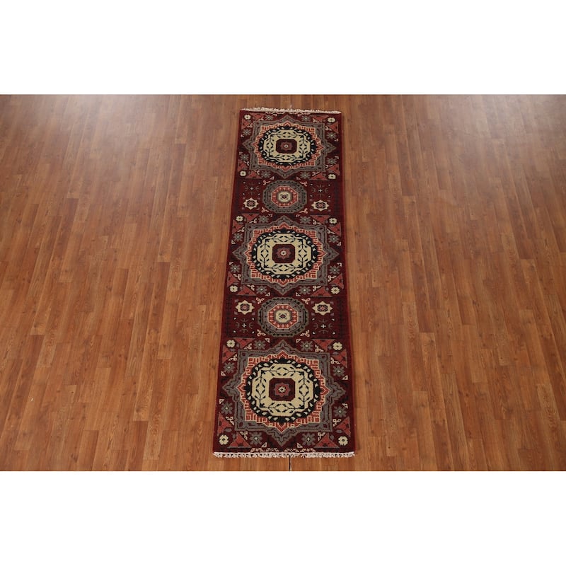 Red Geometric Kazak Indian Runner Rug Hand-Knotted Wool Carpet - 2'6"x 8'1"