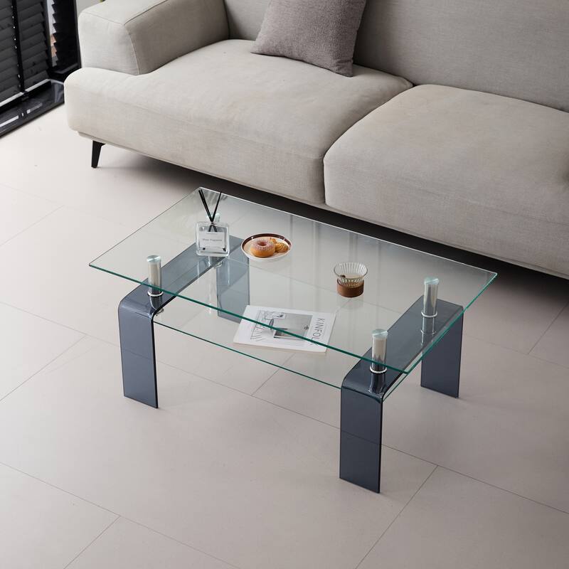 Modern Rectangular Clear Glass Coffee Table with 2-Tier Storage‌