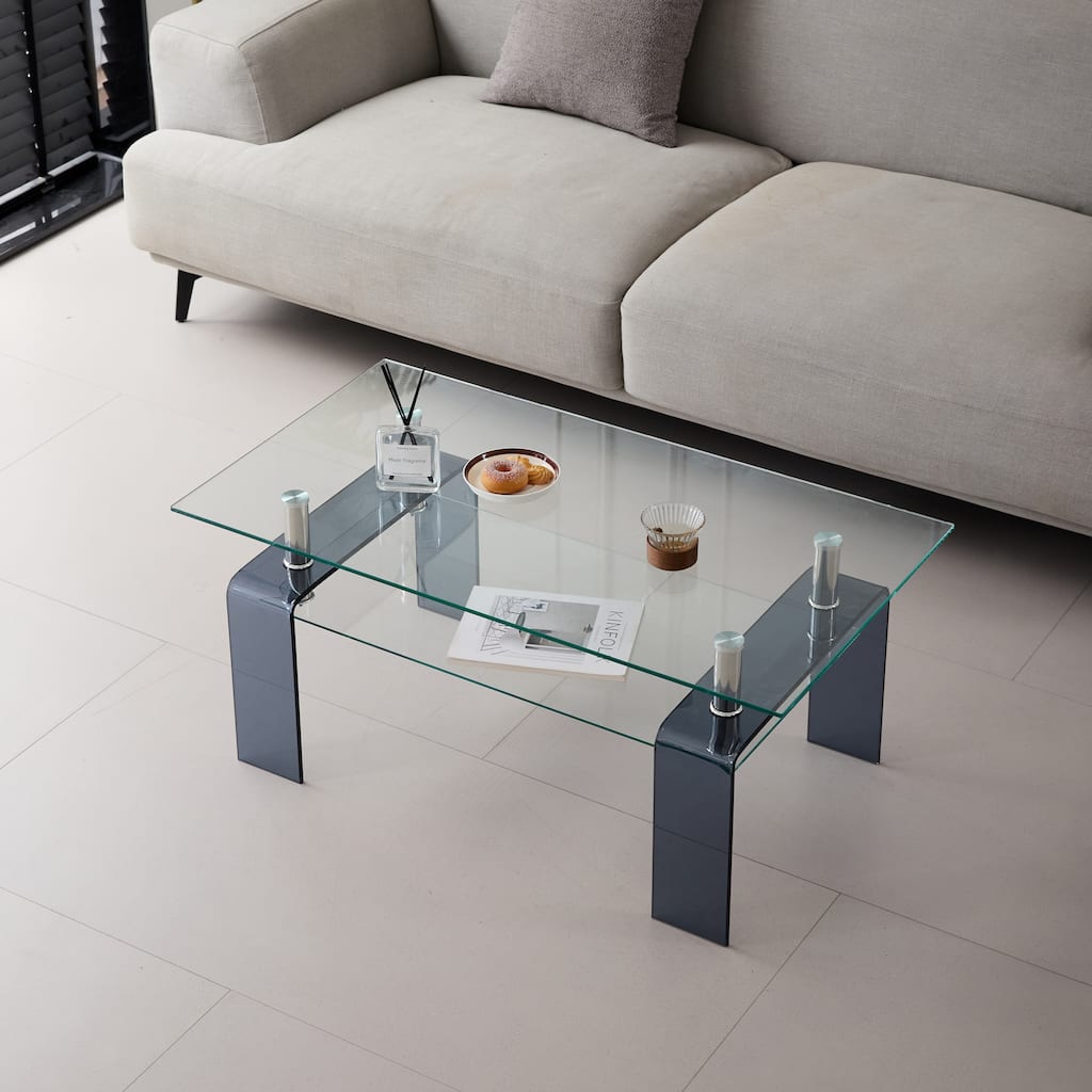 Tempered Glass Coffee Table, Modern Glass Coffee Table for Living Room, 2-Tier Storage Center Coffee Table with Smoke Le