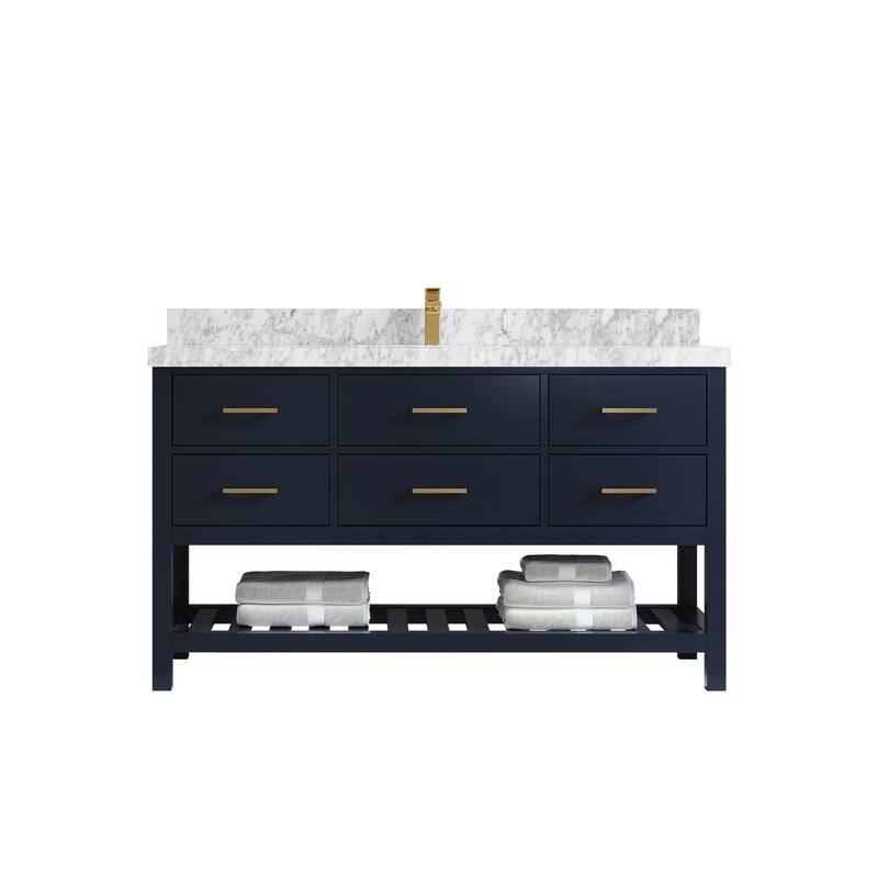 Willow Collections 60 in. W x 22 in. D Parker Single Sink Bathroom Vanity with Countertop - 2" Carrara Marble - Navy Blue