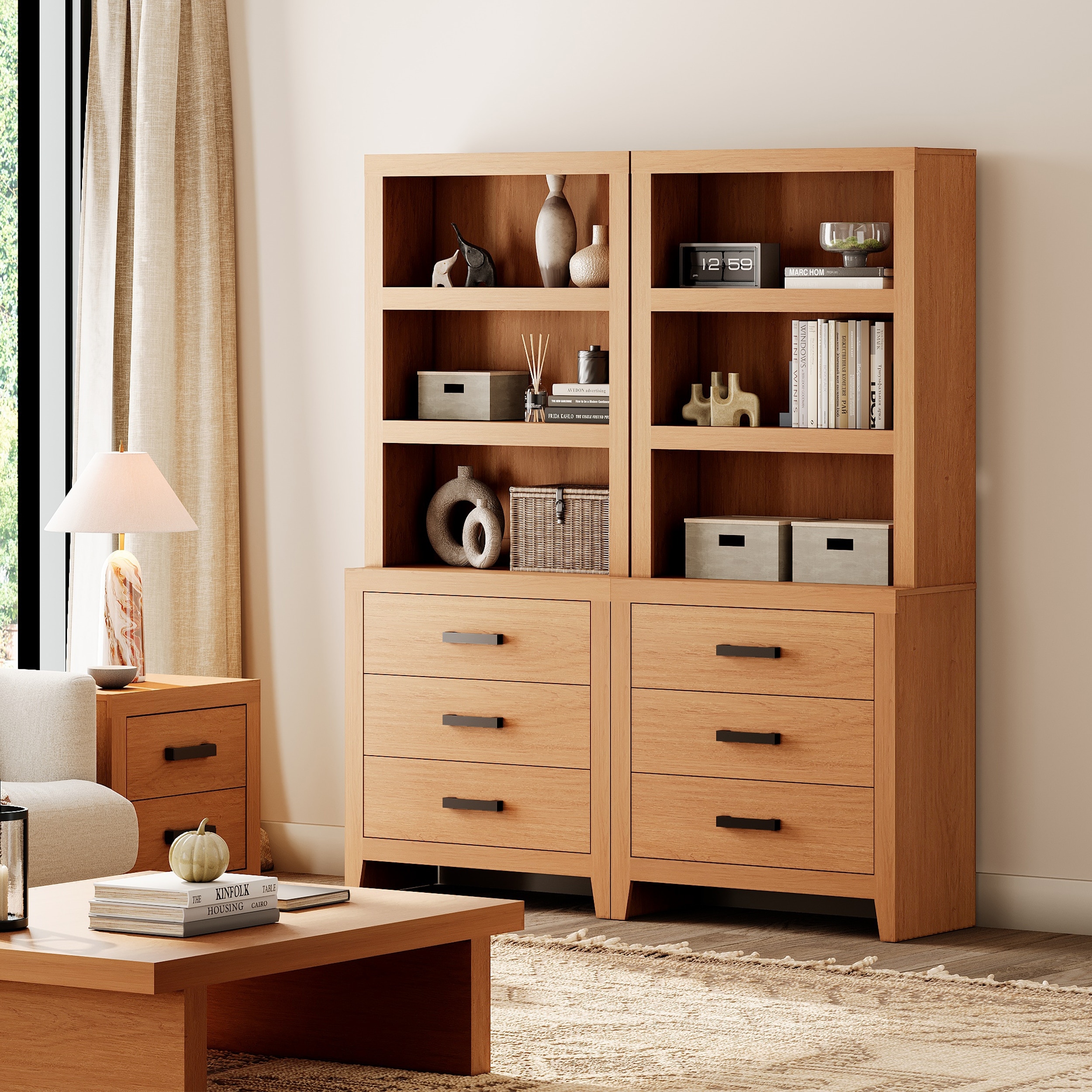 3-Tier Bookshelf with 3 Large Drawers, 74" Tall Farmhouse Bookcase with Wide Metal Handles, for Living Room, Office, Library