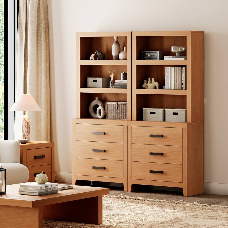 3-Tier Bookshelf with 3 Large Drawers, 74" Tall Farmhouse Bookcase with Wide Metal Handles, for Living Room, Office, Library - 62" Wide - Mocha