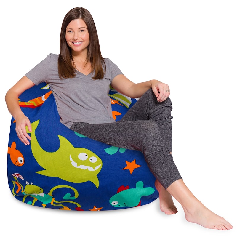 Kids Bean Bag Chair, Big Comfy Chair - Machine Washable Cover - 48 Inch Extra Large - Canvas Sea Creatures on Blue