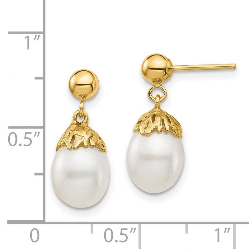 Curata 14k Yellow Gold 7-8mm White Rice Freshwater Cultured Pearl Dangle Post Earrings (17.51mm)