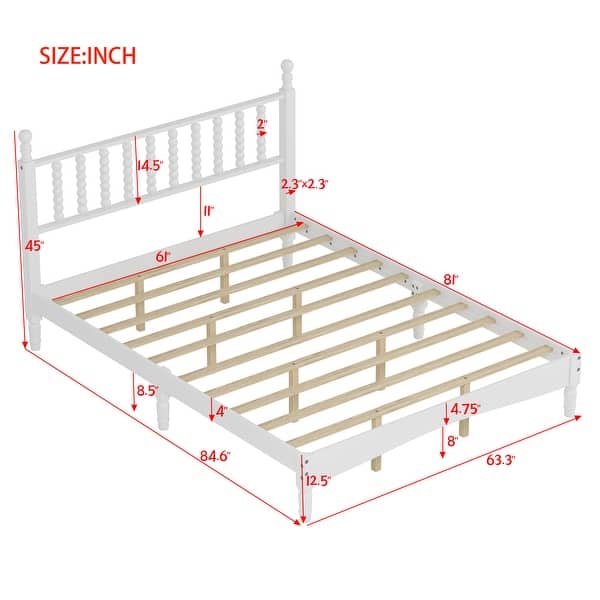 dimension image slide 1 of 3, Queen Size Wood Platform Bed with Gourd Shaped Headboard, Retro Style Platform Bed with Wooden Slat Support, White
