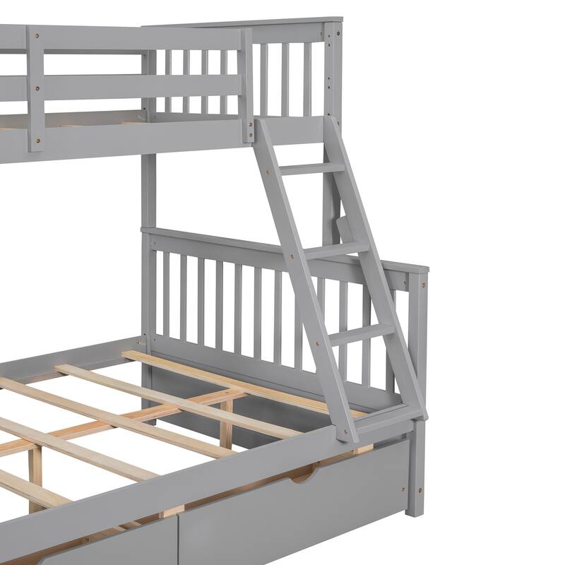 Twin-Over-Full Bunk Bed with Ladders and Two Storage Drawers in Gray