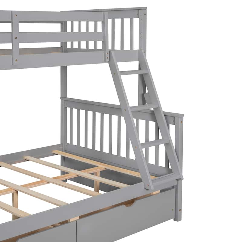 Twin Over Full Solid Pinewood Bunk Bed with Ladders and 2 Drawers, Divided Into Twin Size Upper Bed and Full Size Bottom Bed