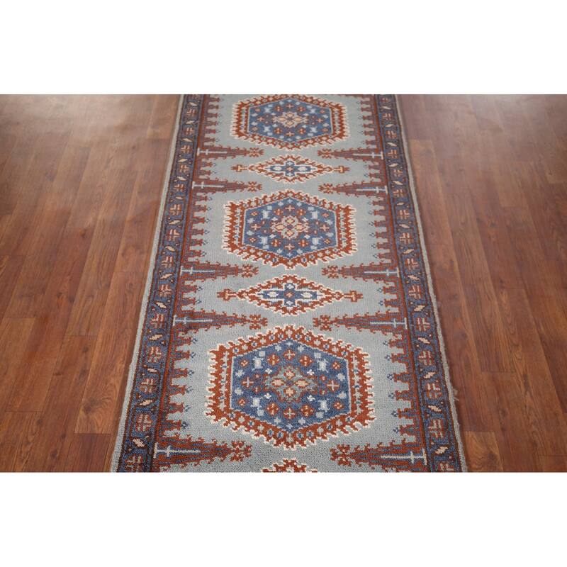 Geometric Viss Indian Runner Rug Hand-Knotted Wool Carpet - 2'6"x 9'7"