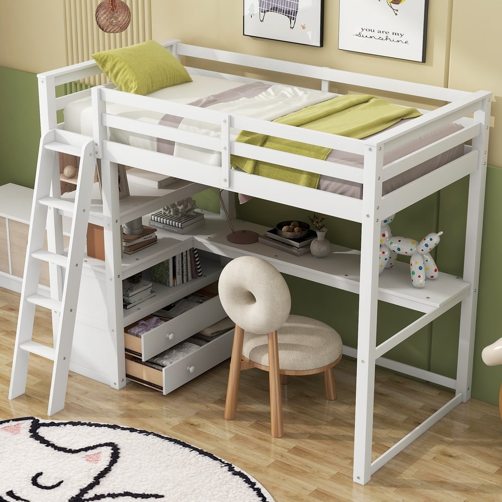 White Twin Loft Bed with Desk, Shelves & Drawers