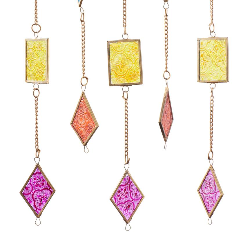Multi Colored Metal Indoor Outdoor Geometric Windchime with Stained Glass