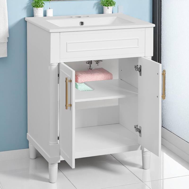 24" Bathroom Vanity with Ceramic Sink - Compact Cabinet with 2 Doors, Adjustable Shelf, Solid Wood Frame, Soft-Close Hinges