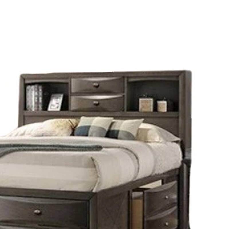 Simo King Bed, Bookcase Headboard, Storage Drawers, Gray