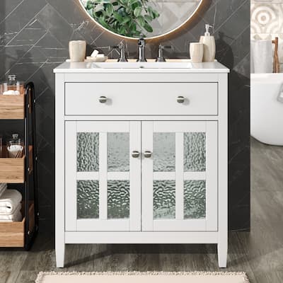 30" Storage Cabinet with Glass Doors, Bathroom Vanity with Ceramic Sink, Adjustable Shelf, Tip-Out Tray and Silver Metal Knobs
