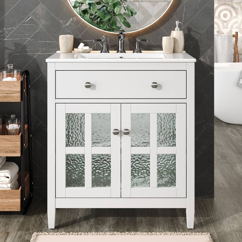 30" Vanity with Ceramic Sink, Equipped with Adjustable Shelf and Tip-Out Tray,with Solid Wood Legs,Metal Knobs and Close Hinges - White